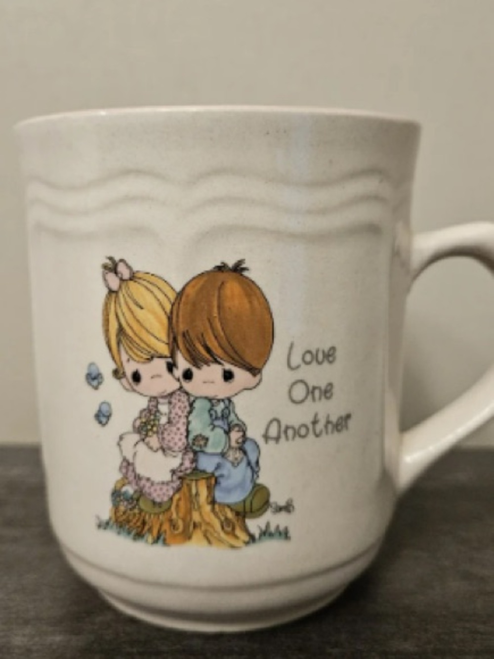 White Ceramic Mug with Pastel Cherub Couple Illustration